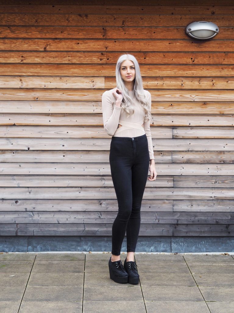 Nude In The Style Bodysuit, Primark Jeans, New Look Heeled Creepers and Grey Hair