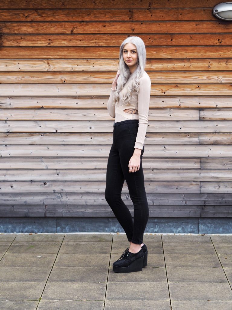 Nude In The Style Bodysuit, Primark Jeans, New Look Heeled Creepers and Grey Hair