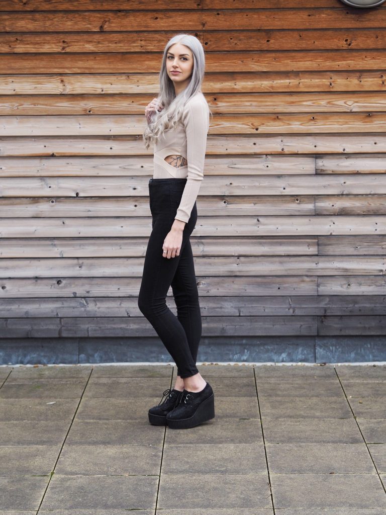 Nude In The Style Bodysuit, Primark Jeans, New Look Heeled Creepers and Grey Hair