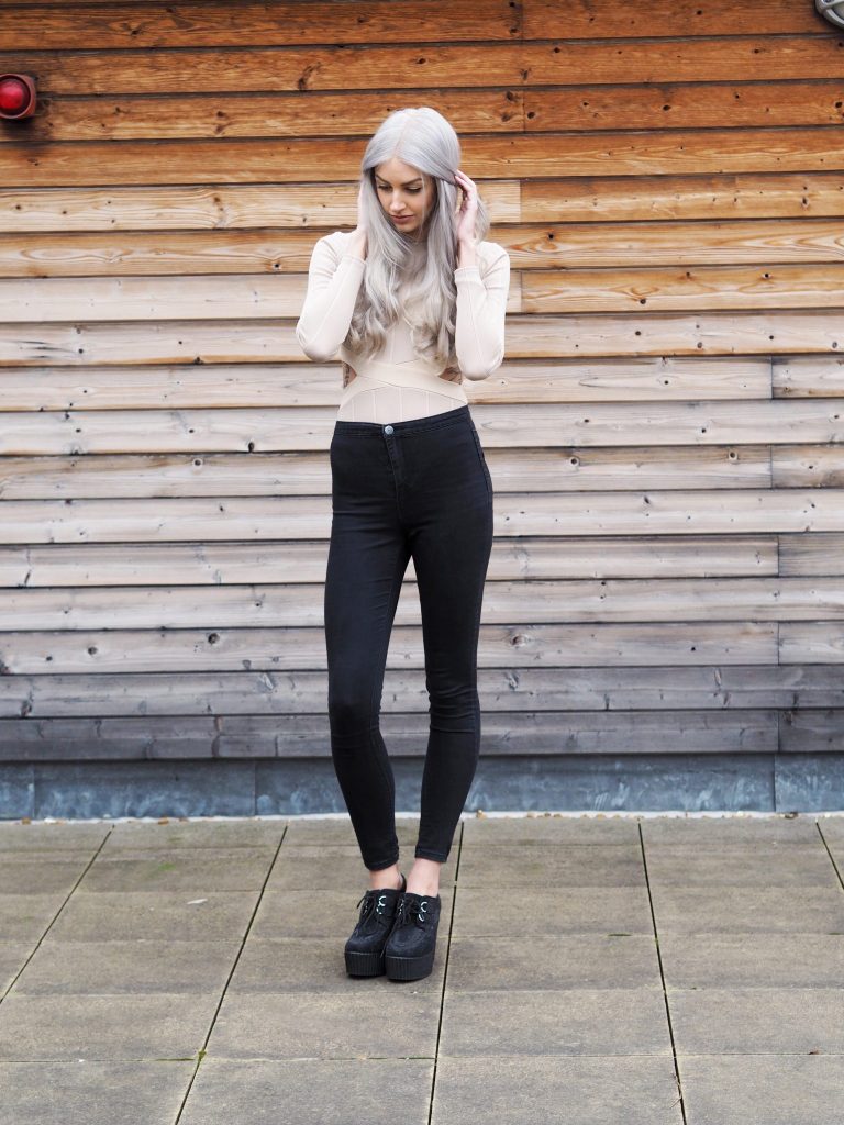 Nude In The Style Bodysuit, Primark Jeans, New Look Heeled Creepers and Grey Hair