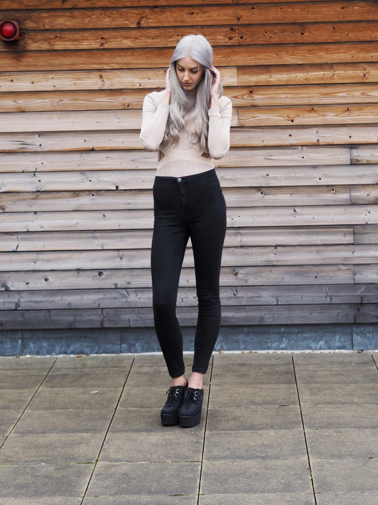 Nude In The Style Bodysuit, Primark Jeans, New Look Heeled Creepers and Grey Hair