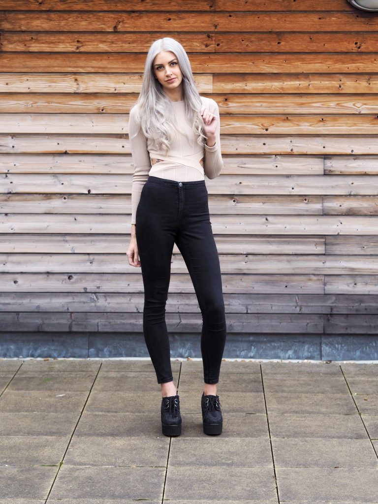 Nude In The Style Bodysuit, Primark Jeans, New Look Heeled Creepers and Grey Hair