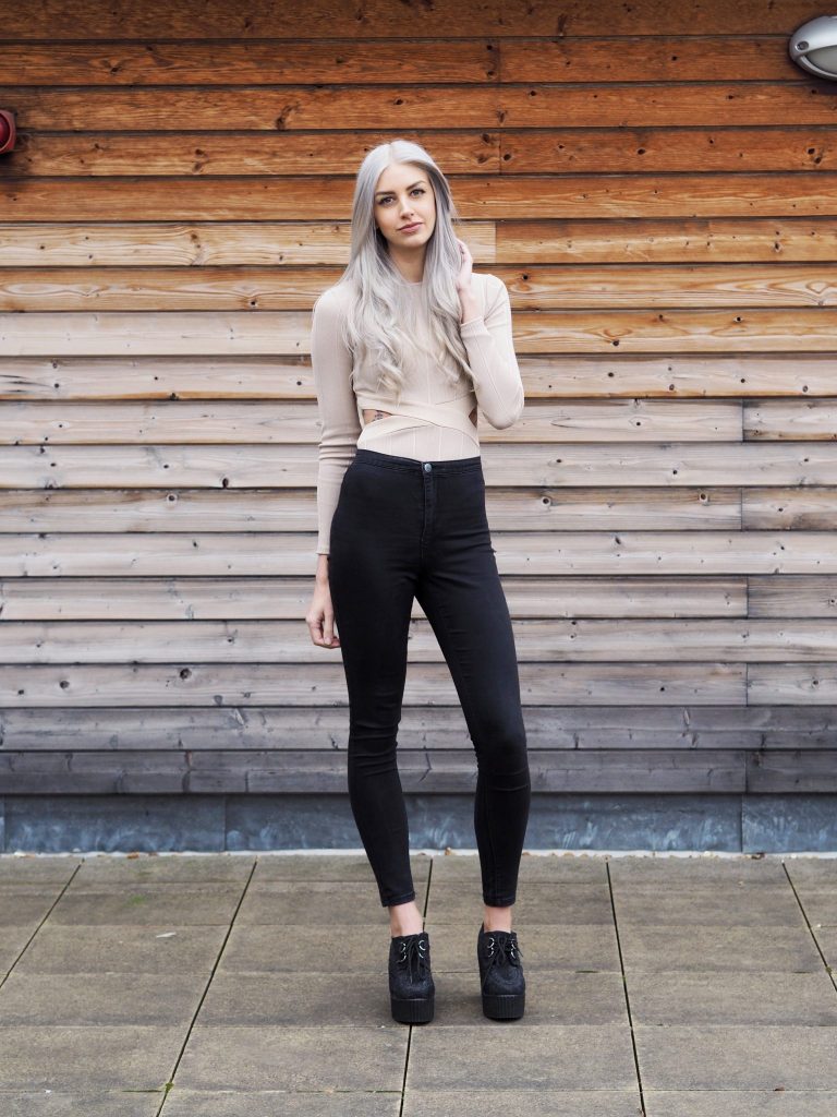 Nude In The Style Bodysuit, Primark Jeans, New Look Heeled Creepers and Grey Hair