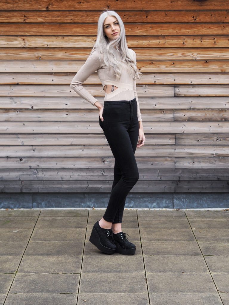 Nude In The Style Bodysuit, Primark Jeans, New Look Heeled Creepers and Grey Hair