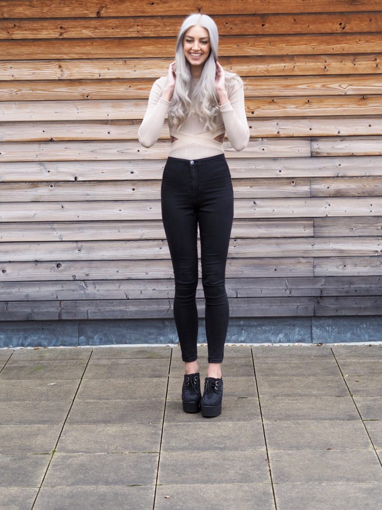 Nude In The Style Bodysuit, Primark Jeans, New Look Heeled Creepers and Grey Hair