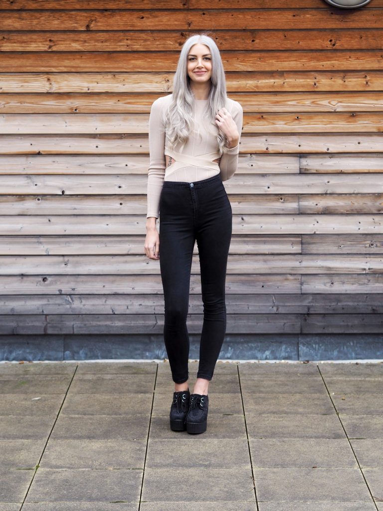 Nude In The Style Bodysuit, Primark Jeans, New Look Heeled Creepers and Grey Hair