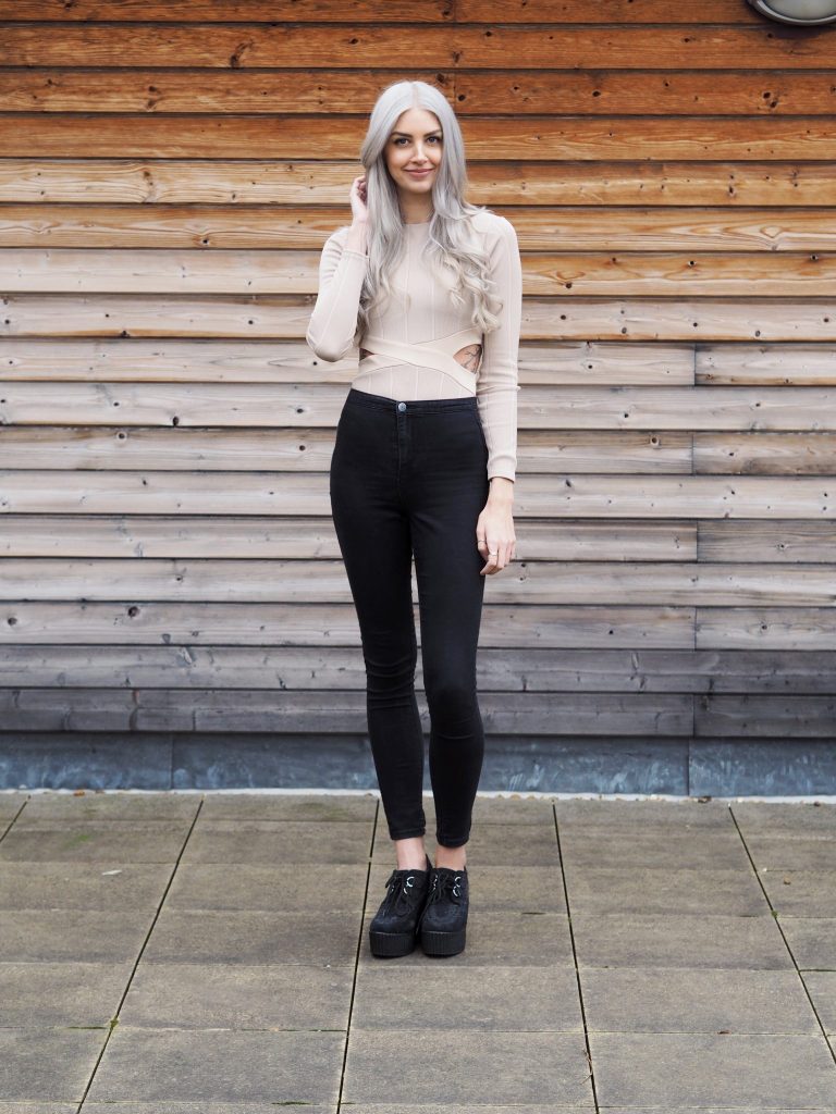 Nude In The Style Bodysuit, Primark Jeans, New Look Heeled Creepers and Grey Hair