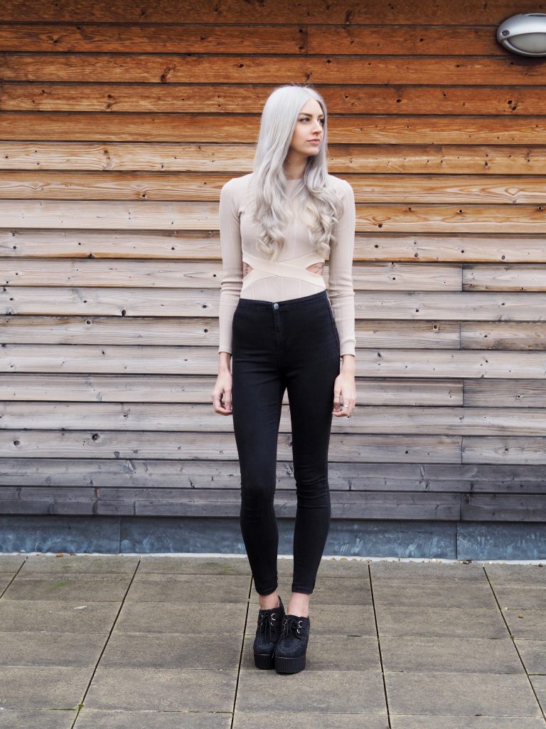 Nude In The Style Bodysuit, Primark Jeans, New Look Heeled Creepers and Grey Hair