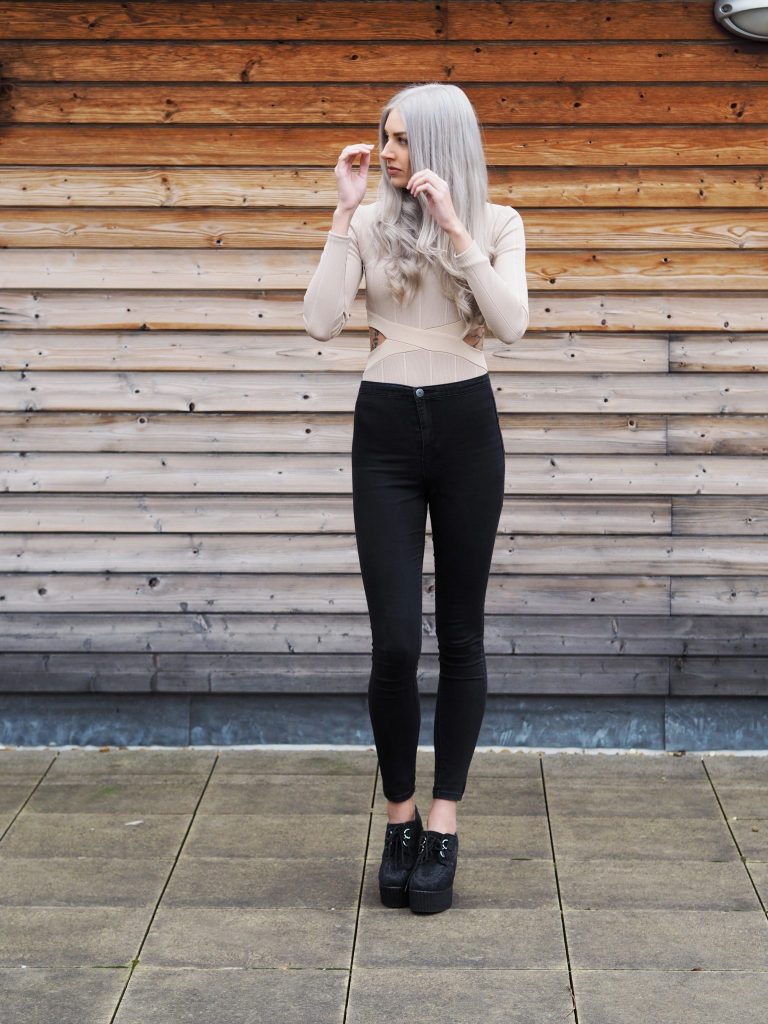 Nude In The Style Bodysuit, Primark Jeans, New Look Heeled Creepers and Grey Hair