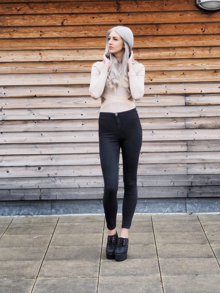 Nude In The Style Bodysuit, Primark Jeans, New Look Heeled Creepers and Grey Hair