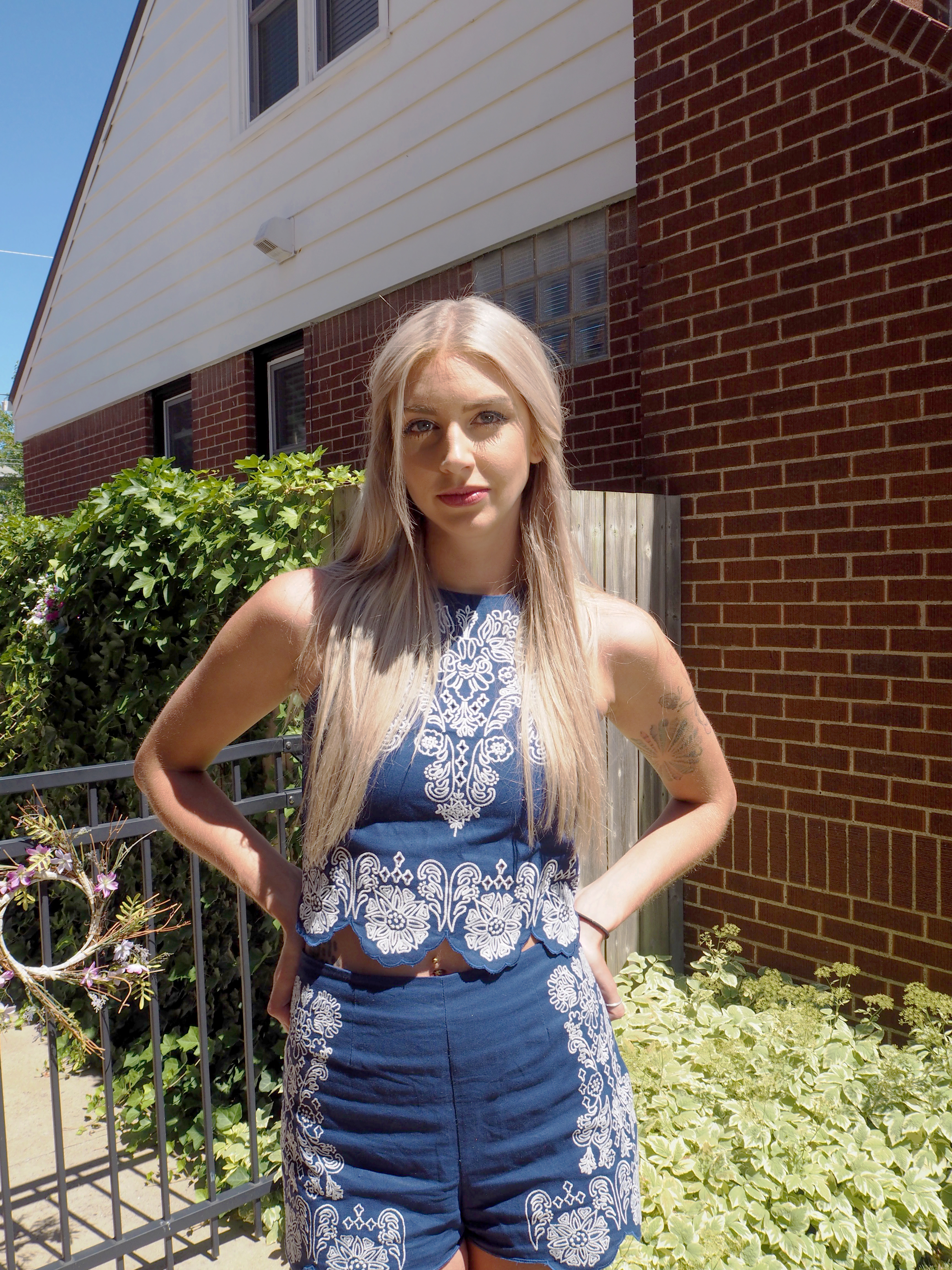 H&M Blue embroidered co-ord top and shorts outfit post
