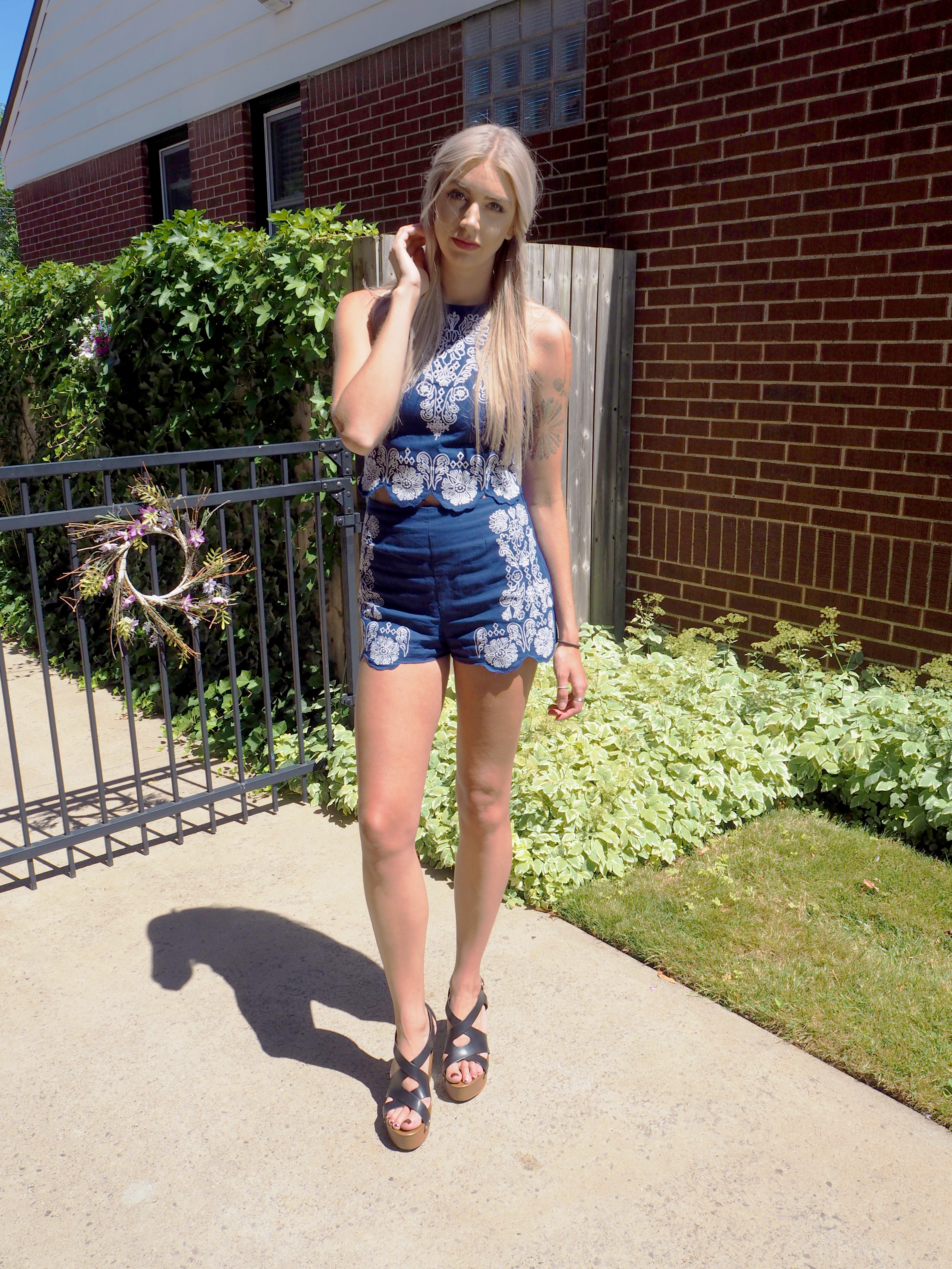 H&M Blue embroidered co-ord top and shorts outfit post