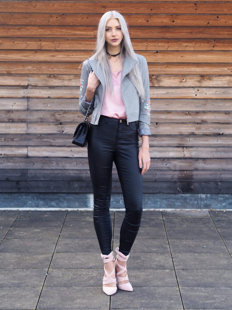 Manchester based fashion and lifestyle blogger Laura Kate Lucas | Dezzal Outfit Post featuring pink silk cami and grey embroidered biker jacket