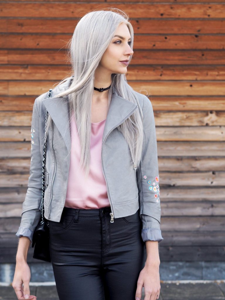 Manchester based fashion and lifestyle blogger Laura Kate Lucas | Dezzal Outfit Post featuring pink silk cami and grey embroidered biker jacket