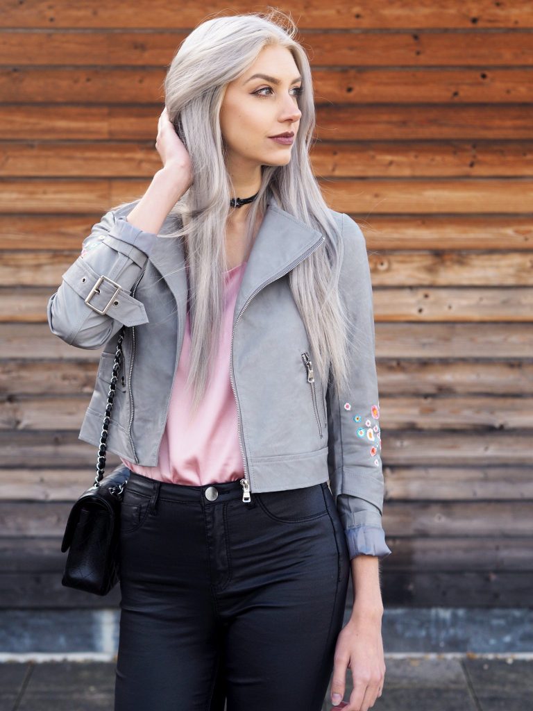 Manchester based fashion and lifestyle blogger Laura Kate Lucas | Dezzal Outfit Post featuring pink silk cami and grey embroidered biker jacket