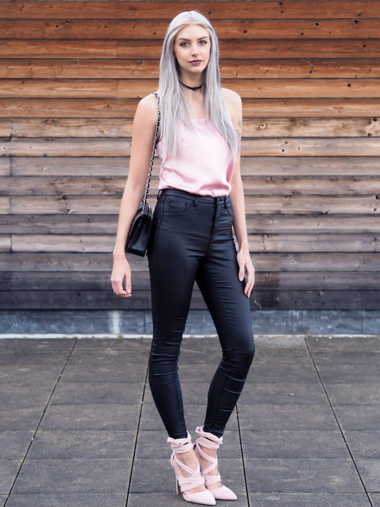 Manchester based fashion and lifestyle blogger Laura Kate Lucas | Dezzal Outfit Post featuring pink silk cami and grey embroidered biker jacket