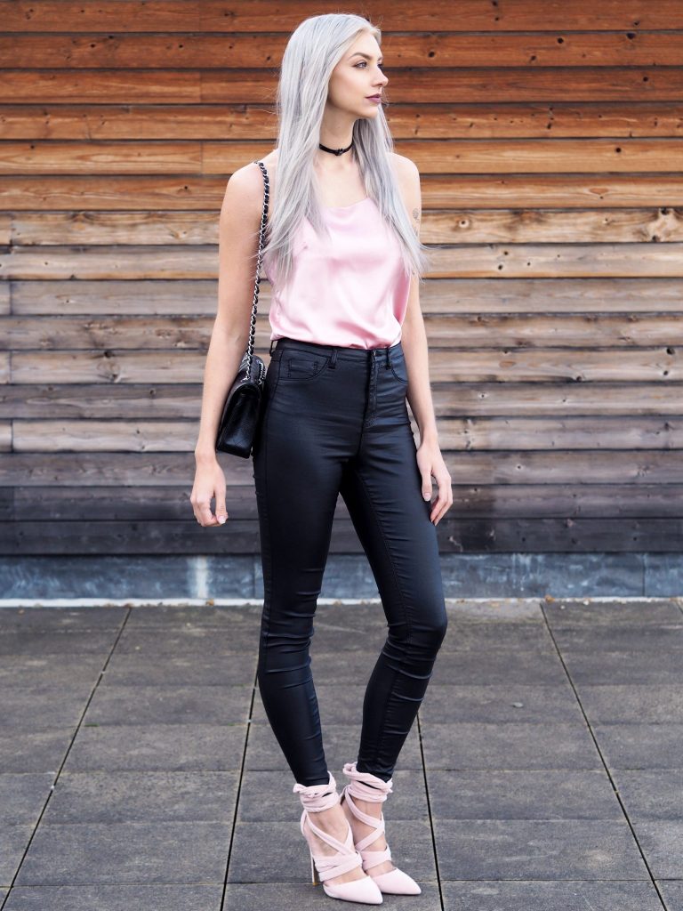 Manchester based fashion and lifestyle blogger Laura Kate Lucas | Dezzal Outfit Post featuring pink silk cami and grey embroidered biker jacket