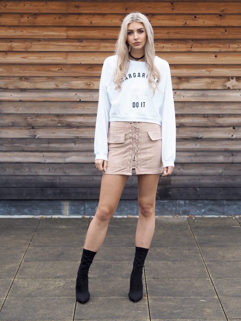 Laura Kate Lucas - Manchester Fashion and Lifestyle Blogger | Outfit post featuring Off Dutee Margaritas Made Me Do It Jumper, Misspap Lace Suede Skirt & Public Desire Boots