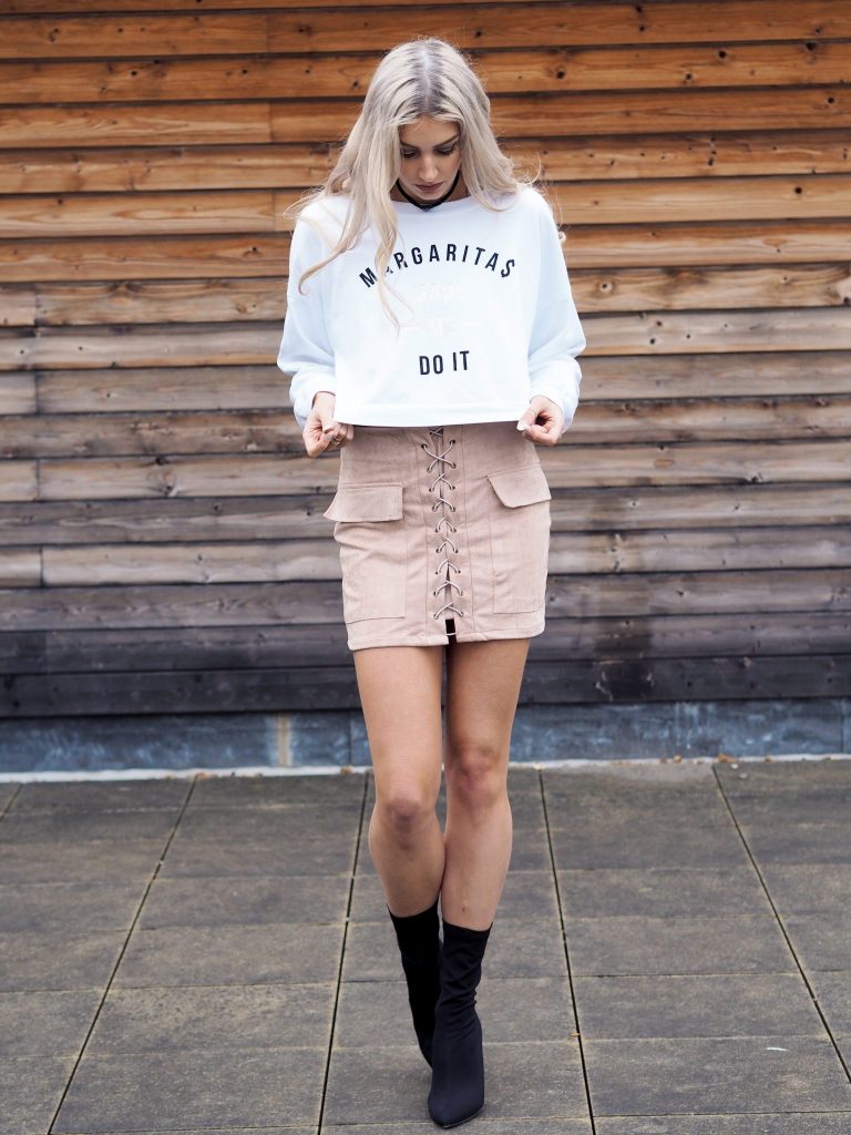 Laura Kate Lucas - Manchester Fashion and Lifestyle Blogger | Outfit post featuring Off Dutee Margaritas Made Me Do It Jumper, Misspap Lace Suede Skirt & Public Desire Boots