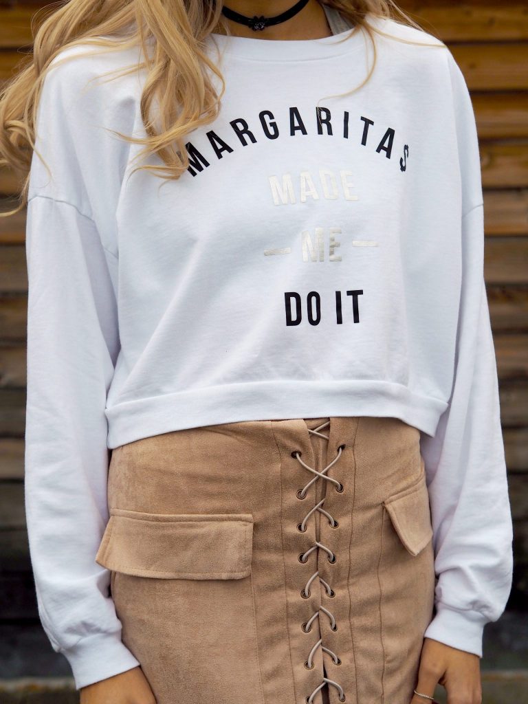 Laura Kate Lucas - Manchester Fashion and Lifestyle Blogger | Outfit post featuring Off Dutee Margaritas Made Me Do It Jumper, Misspap Lace Suede Skirt & Public Desire Boots