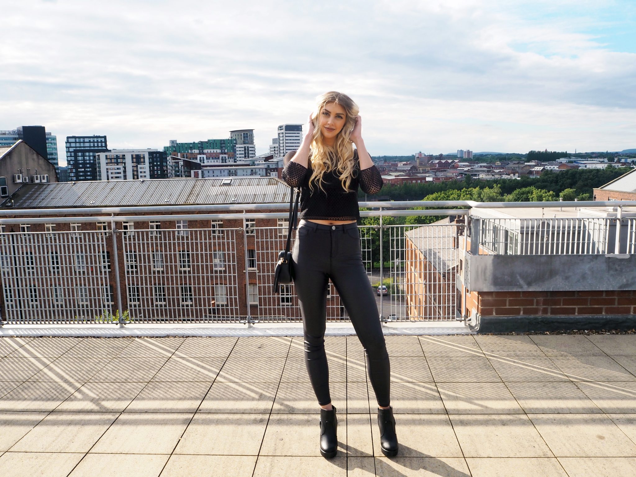 Laura Kate Lucas - Manchester Fashion, Fitness and Lifestyle Blogger | Outfit Post - Black Faux Leather Jeans, Heeled Biker Boots and Lace Crop Top