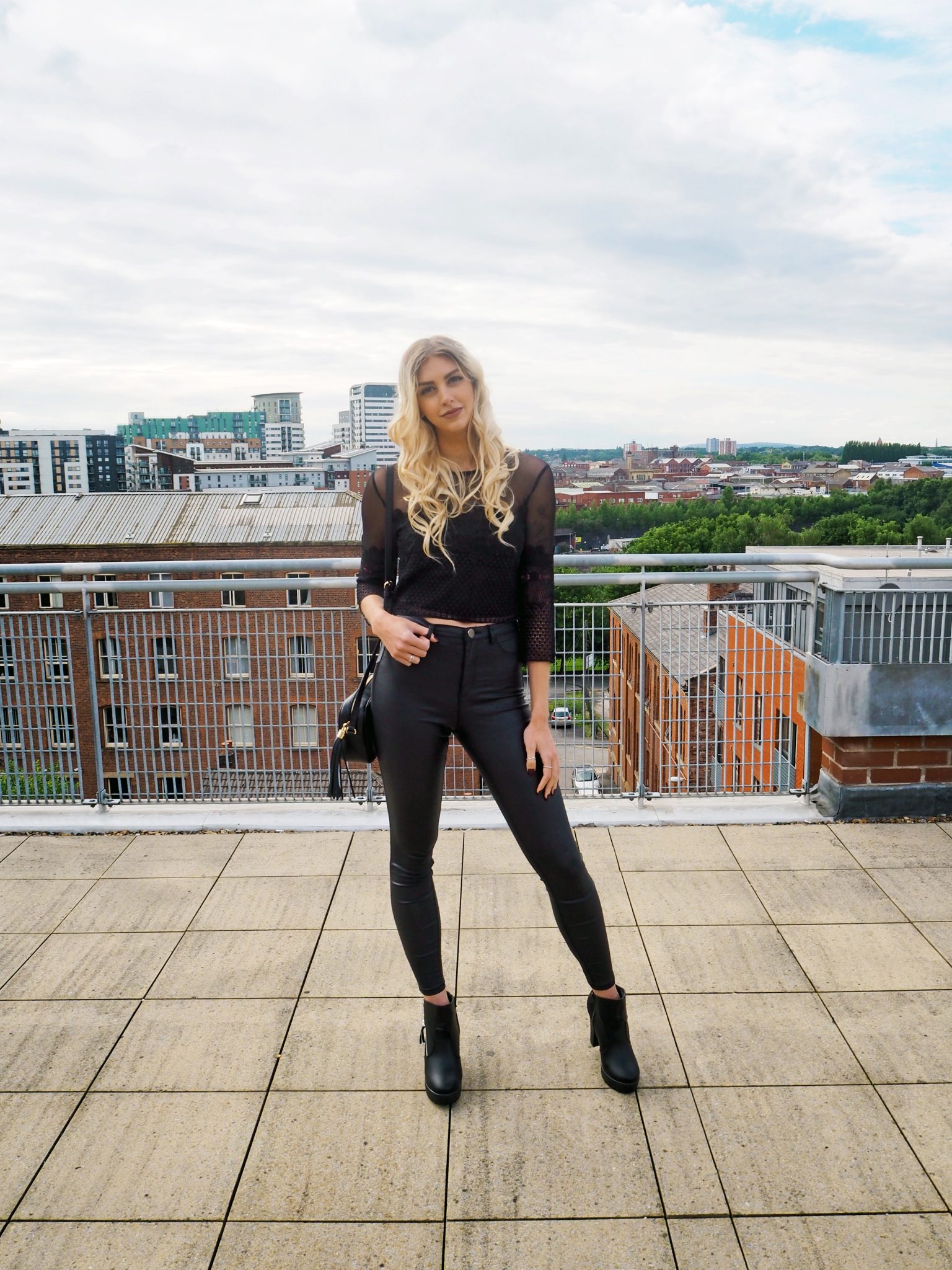 Laura Kate Lucas - Manchester Fashion, Fitness and Lifestyle Blogger | Outfit Post - Black Faux Leather Jeans, Heeled Biker Boots and Lace Crop Top