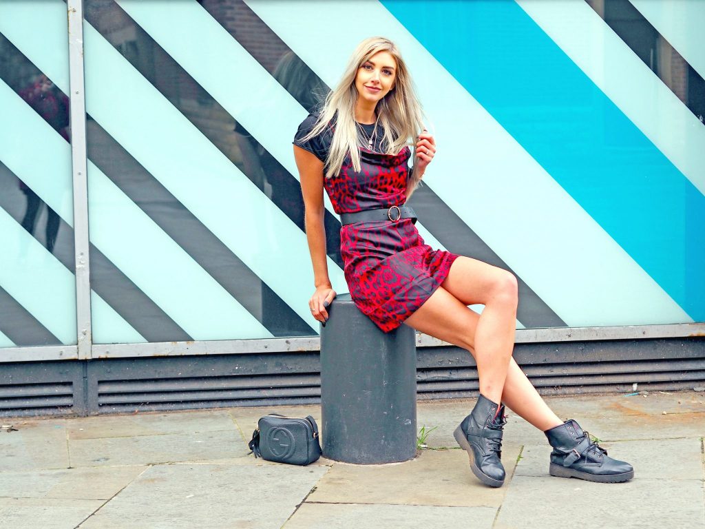 satin red leopard mini dress