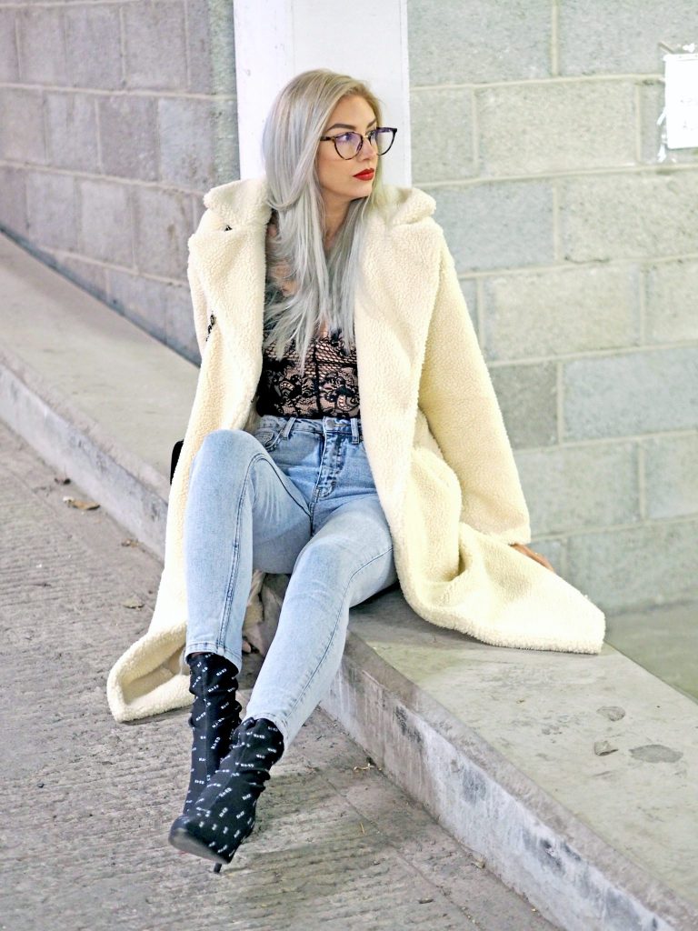 Laura Kate Lucas - Manchester Fashion, Lifestyle and Travel Blogger | NA-KD Outfit - Teddy Coat, Monogram Logo Sock Boots and Jeans